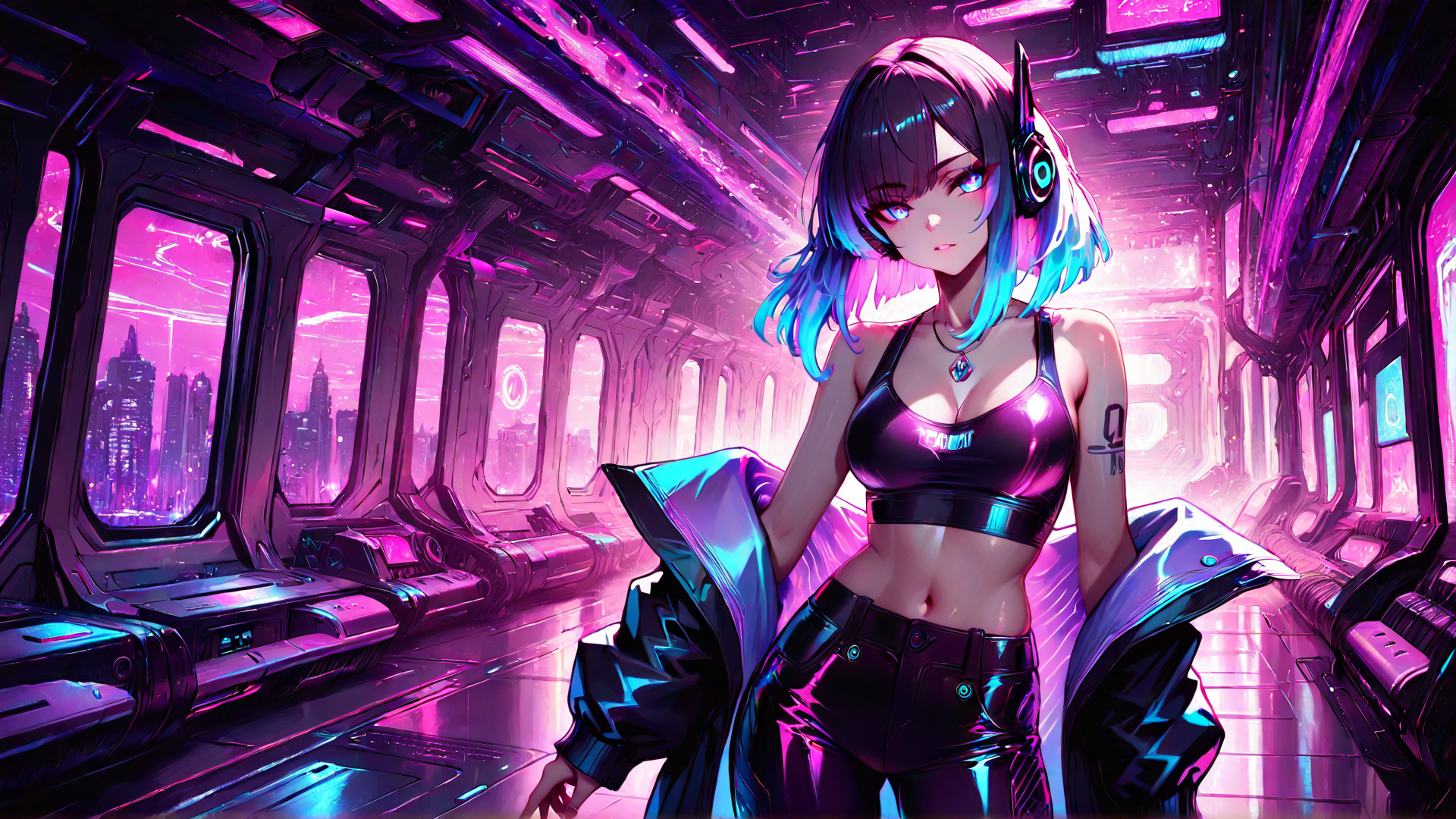 AI generated wallpaper featuring cyberpunk girl, neon, futuristic city
