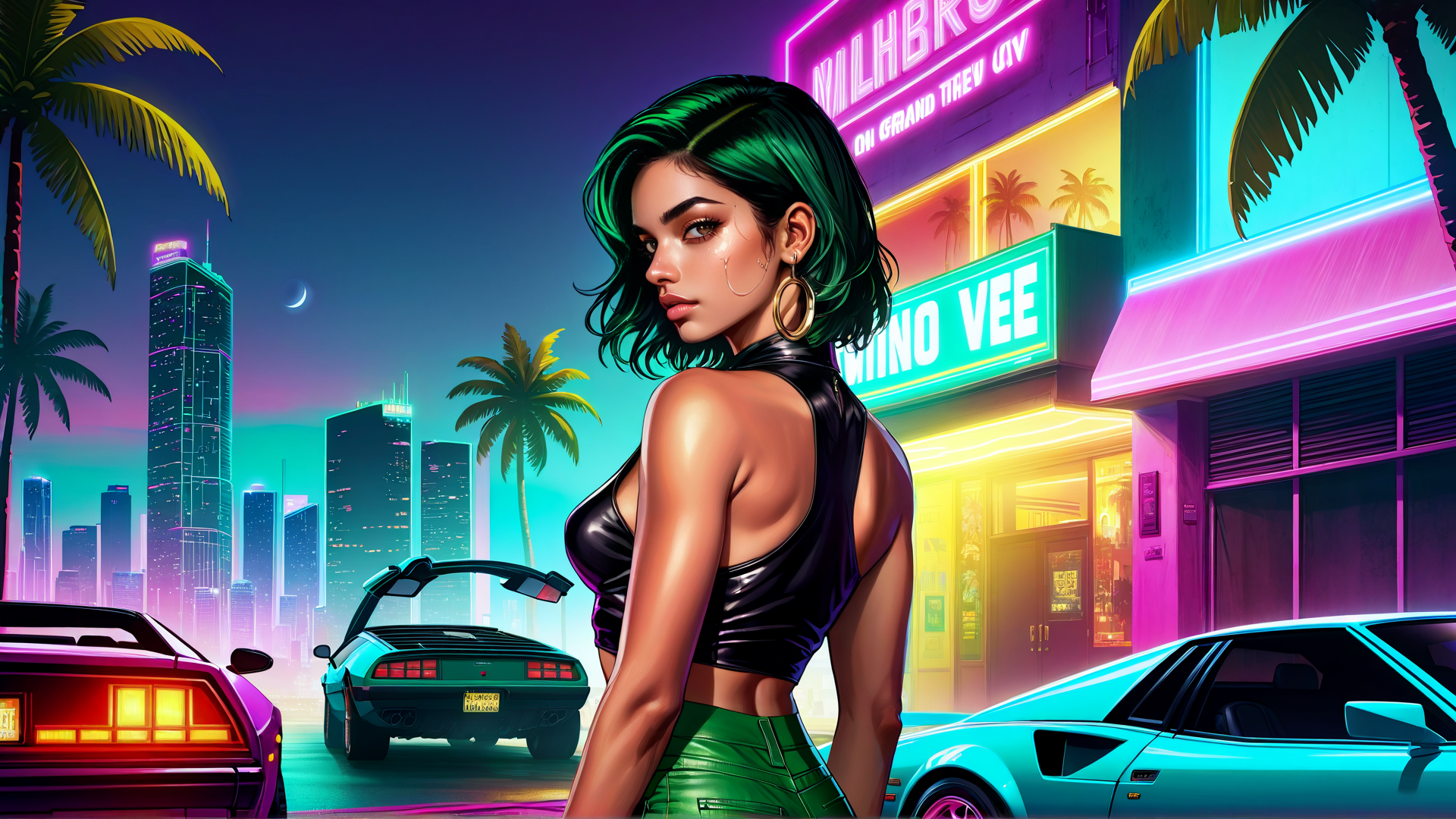 AI generated wallpaper featuring woman, cars, neon, palm trees, city
