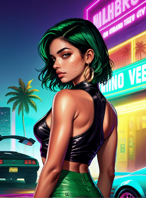 woman, cars, neon, palm trees, city