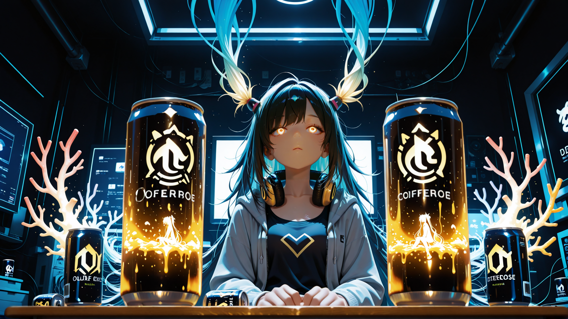 AI generated wallpaper featuring girl, cans, coral, headphones, screens, hologram, neon, light, can, digital