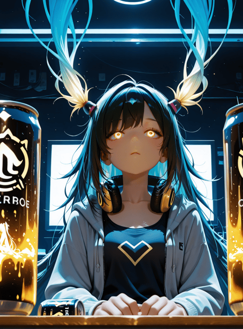 girl, cans, coral, headphones, screens, hologram, neon, light, can, digital
