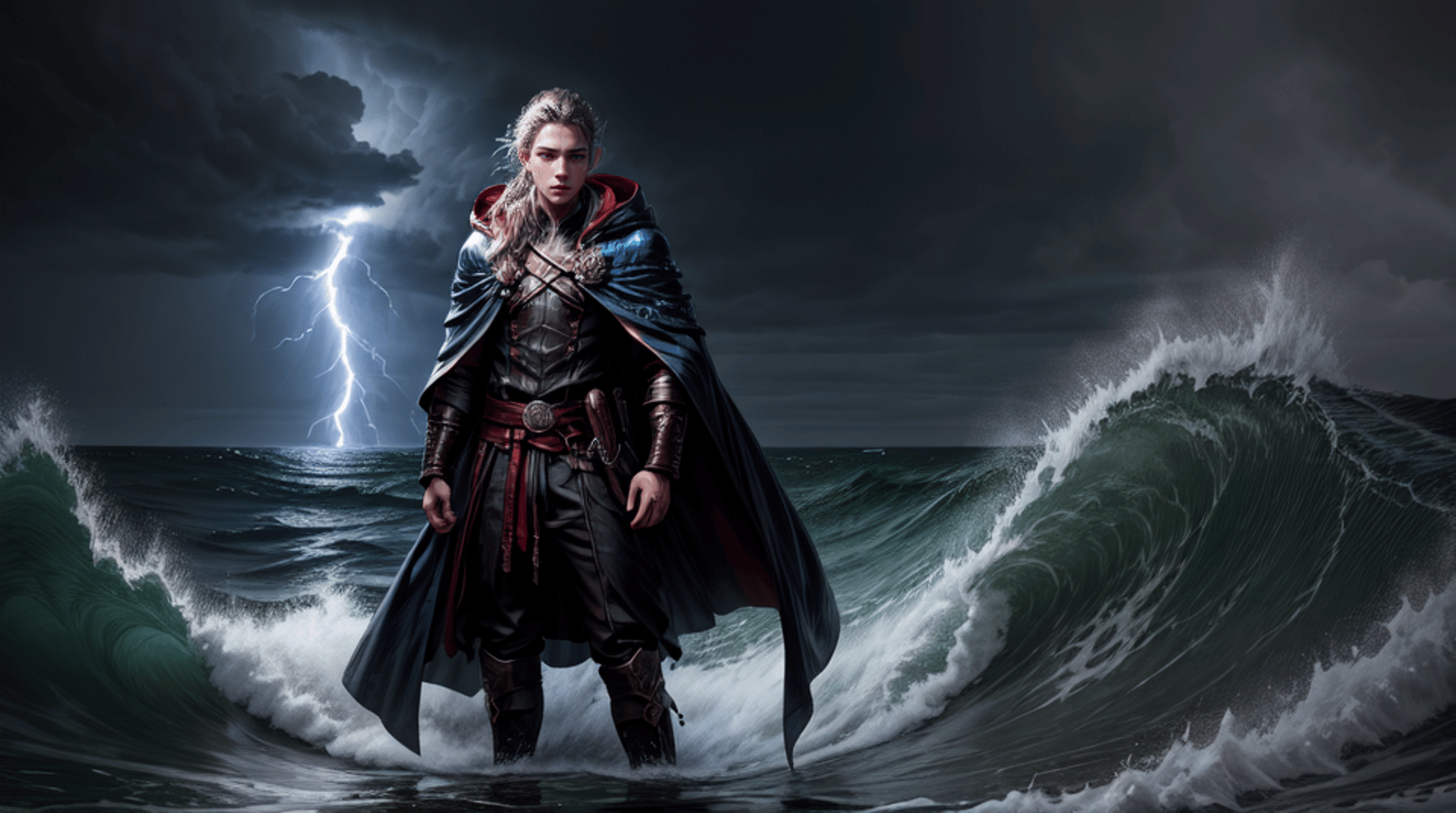 AI generated wallpaper featuring warrior, storm, ocean
