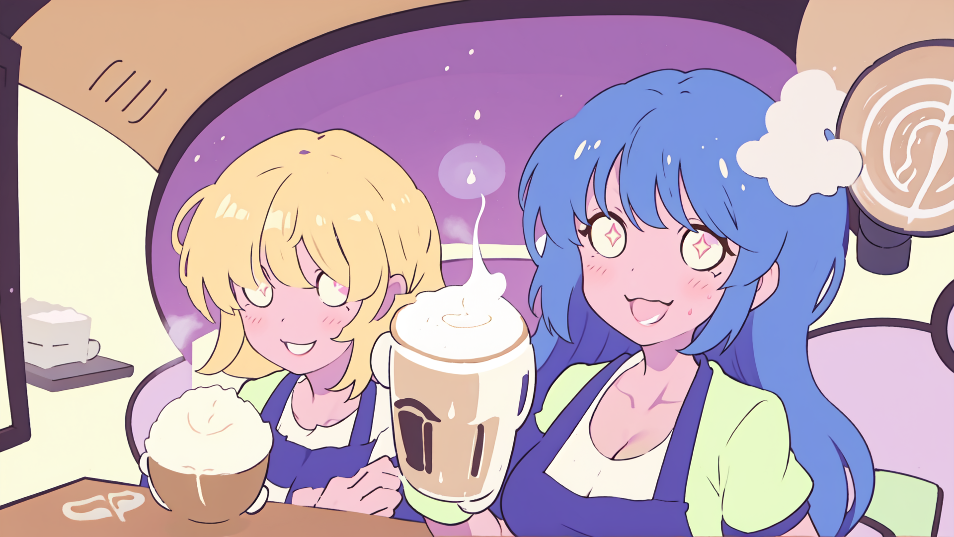 AI generated wallpaper featuring girls, coffee, cup, apron, cafe