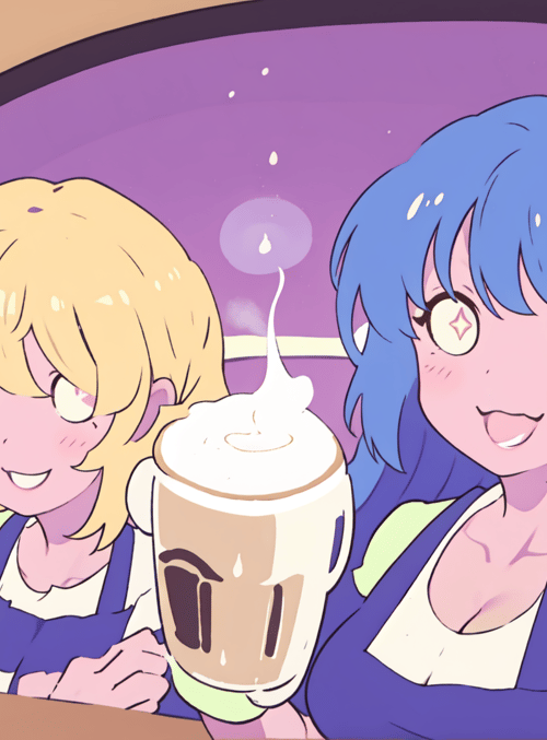 girls, coffee, cup, apron, cafe