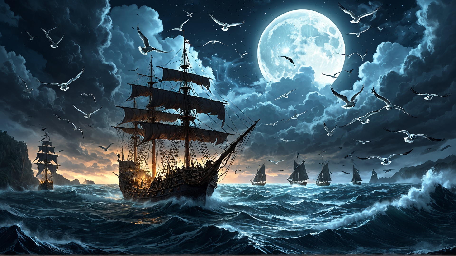 AI generated wallpaper featuring ship, seagulls, moon