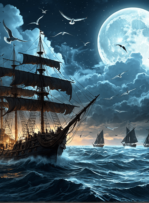 ship, seagulls, moon