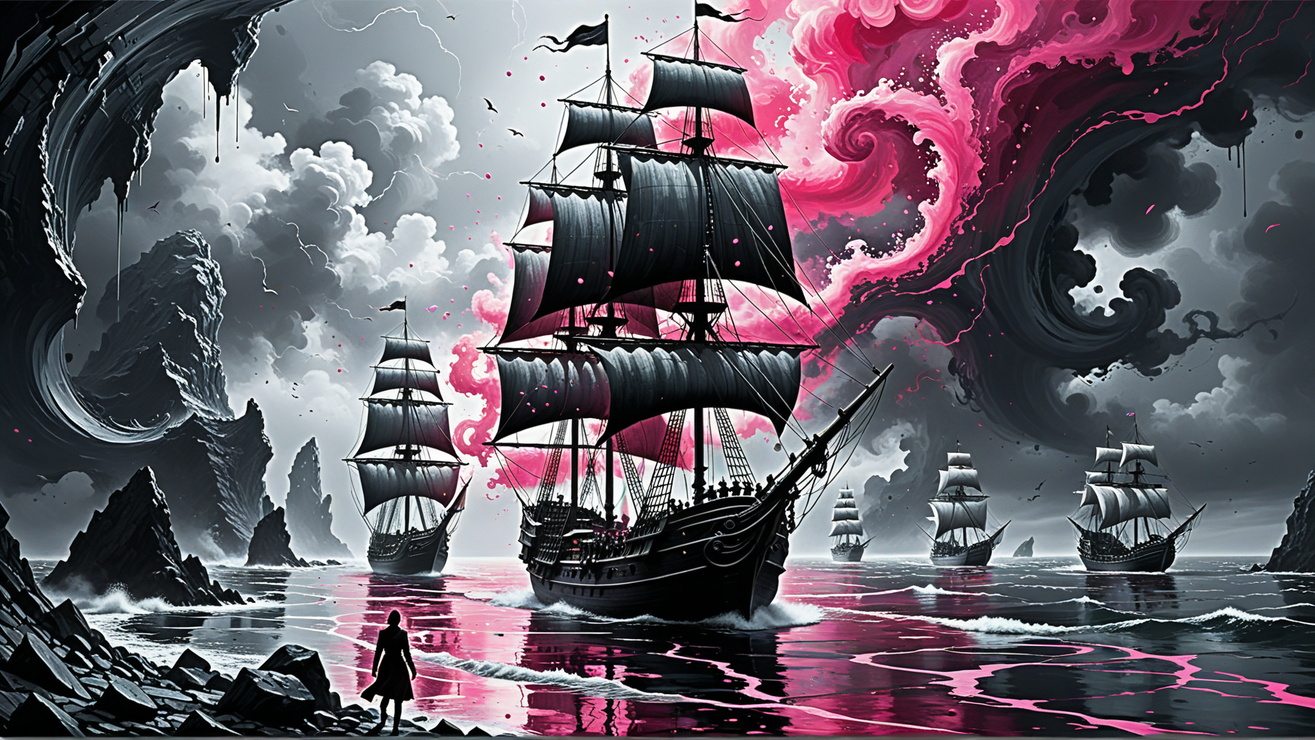 AI generated wallpaper featuring ship, sail, ocean, rock, cloud, person, sky, wave, sailboat, ship