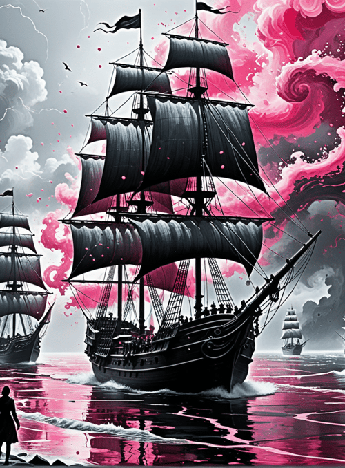 ship, sail, ocean, rock, cloud, person, sky, wave, sailboat, ship