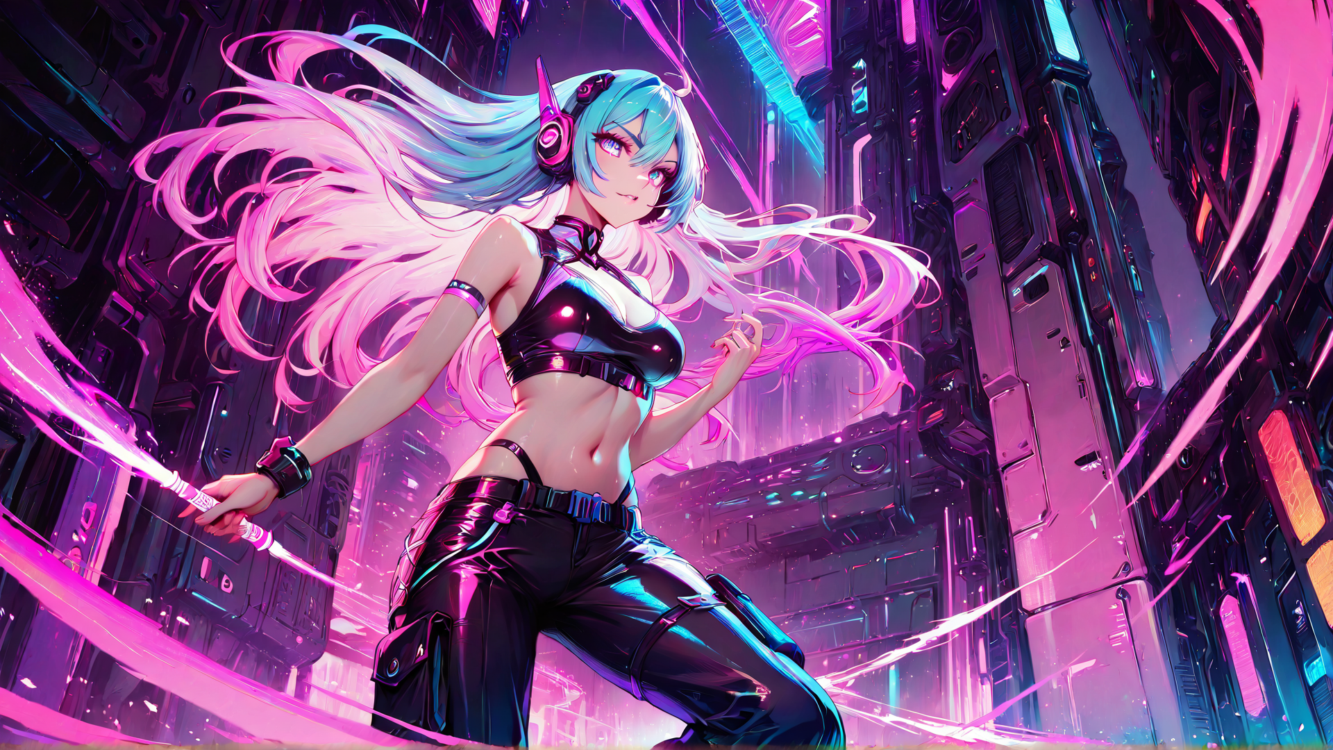 AI generated wallpaper featuring cyberpunk girl, neon, saber