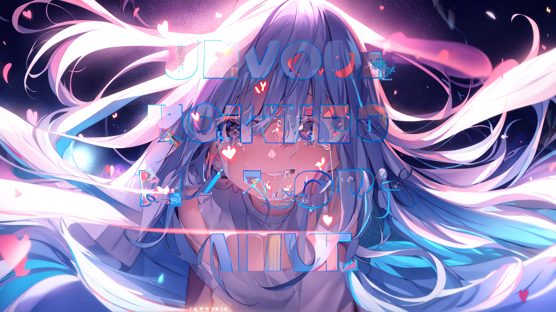 AI generated wallpaper featuring anime girl, hearts, glowing text