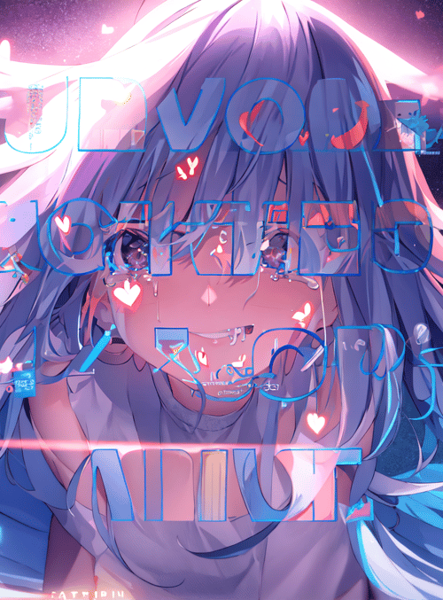 anime girl, hearts, glowing text