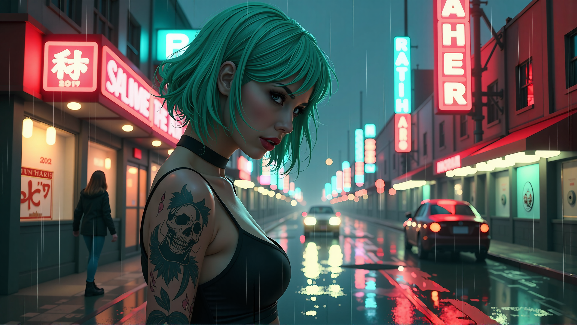 AI generated wallpaper featuring woman, tattoo, neon lights, street, car, signs, rain, building, headphones, sweater