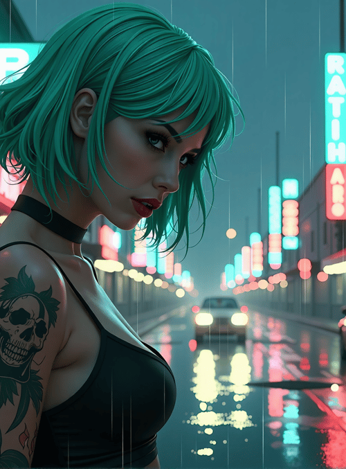 woman, tattoo, neon lights, street, car, signs, rain, building, headphones, sweater