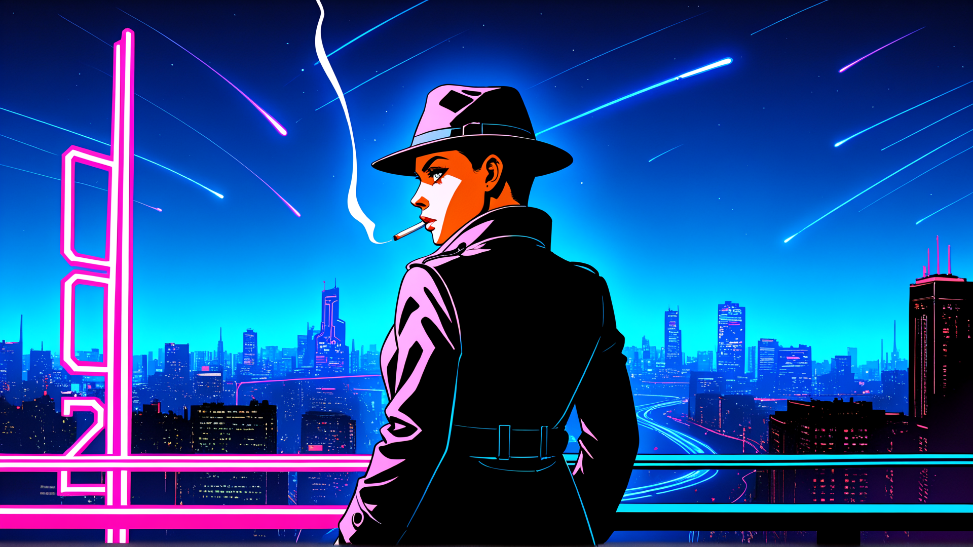 AI generated wallpaper featuring woman, cityscape, neon sign, cigarette, hat, futurist
