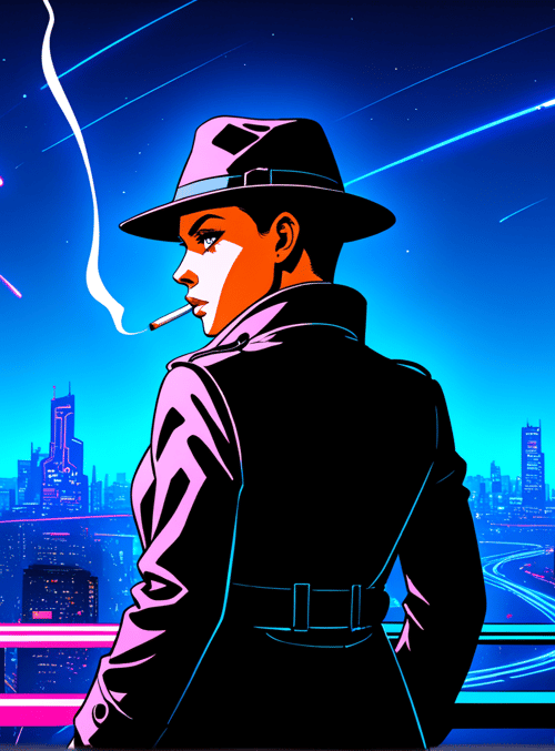 woman, cityscape, neon sign, cigarette, hat, futurist