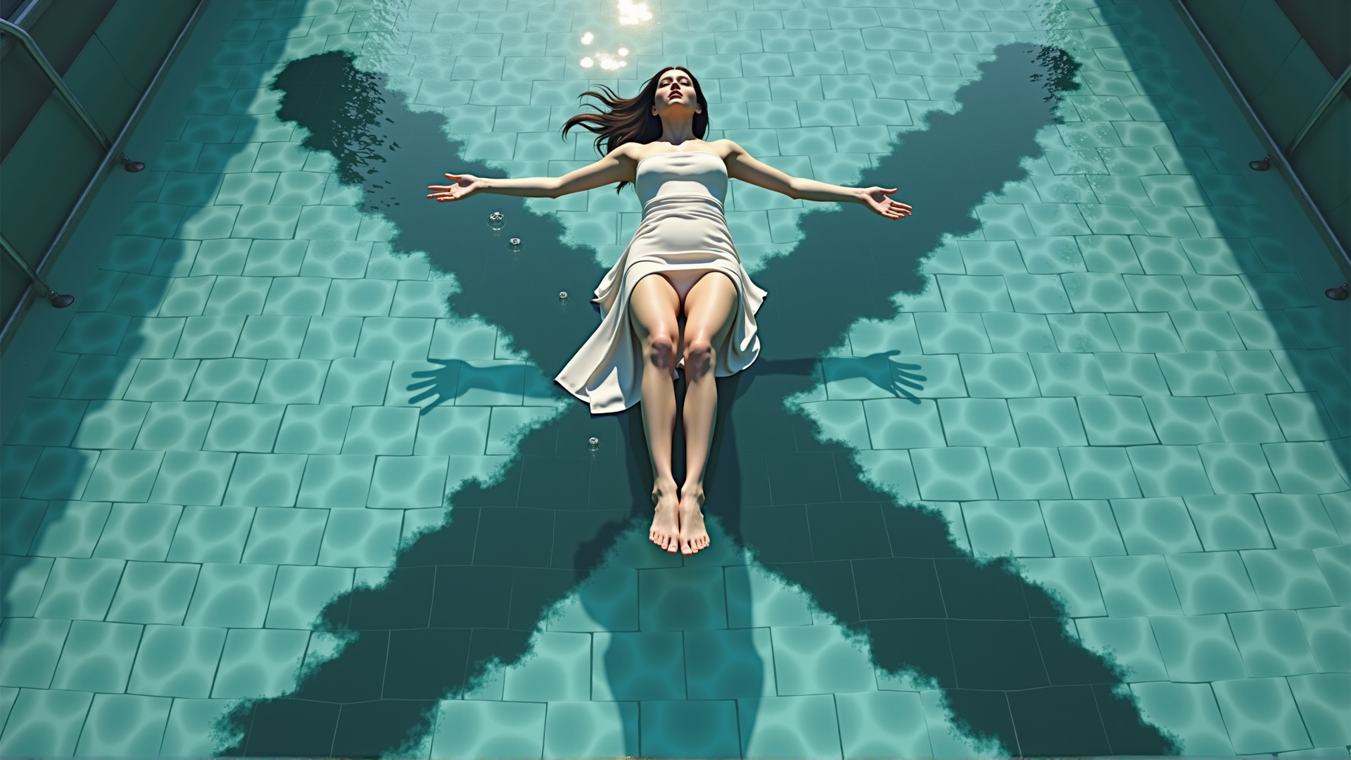 AI generated wallpaper featuring woman, pool, water, shadow