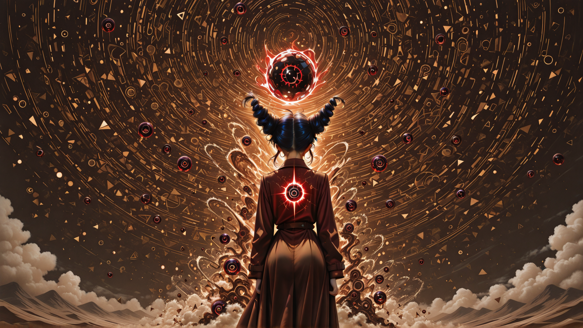 AI generated wallpaper featuring girl, orb, symbols
