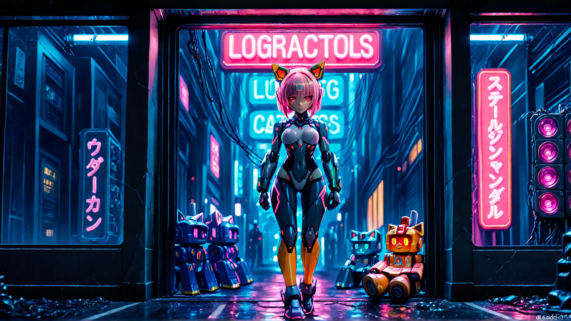 AI generated wallpaper featuring cyborg, robot, neon