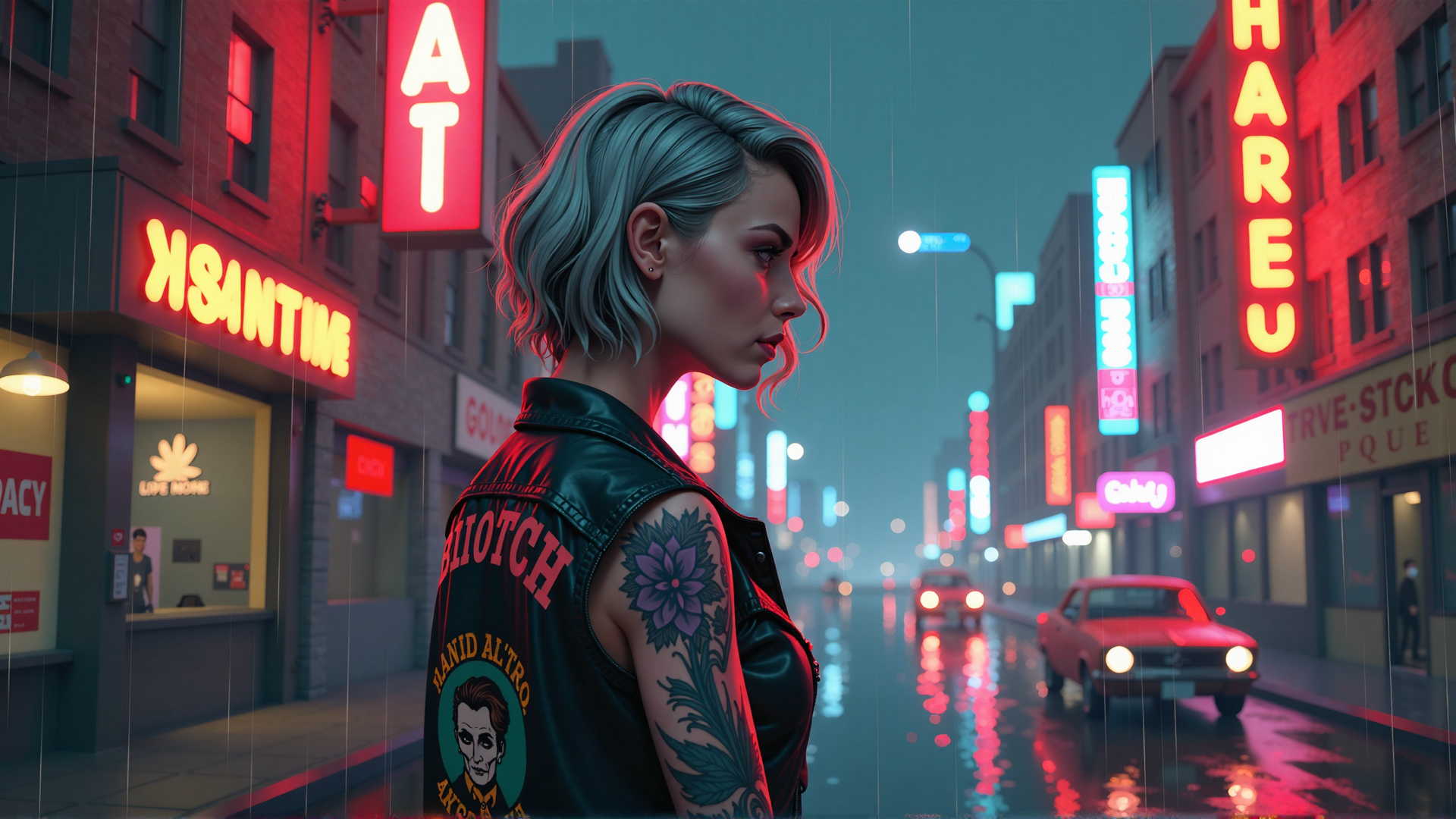 AI generated wallpaper featuring woman, tattoo, vintage car, street, neon sign, leather jacket, building