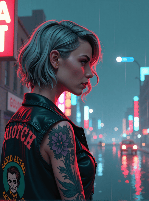 woman, tattoo, vintage car, street, neon sign, leather jacket, building