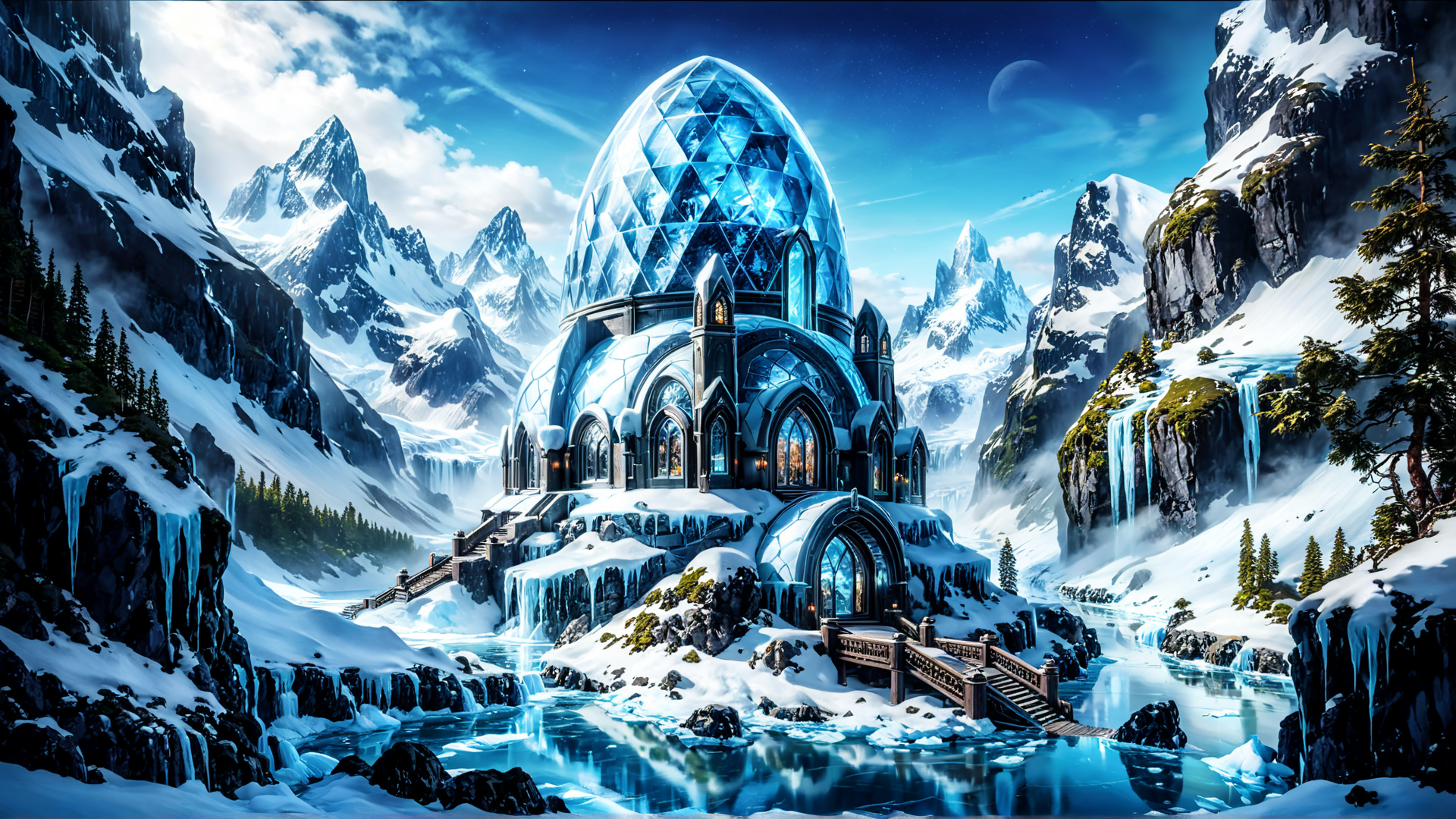 AI generated wallpaper featuring castle, ice dome, mountains, waterfalls, snow, trees, river, bridge, glacier, frozen lake