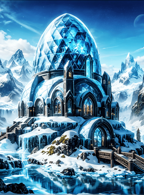 castle, ice dome, mountains, waterfalls, snow, trees, river, bridge, glacier, frozen lake
