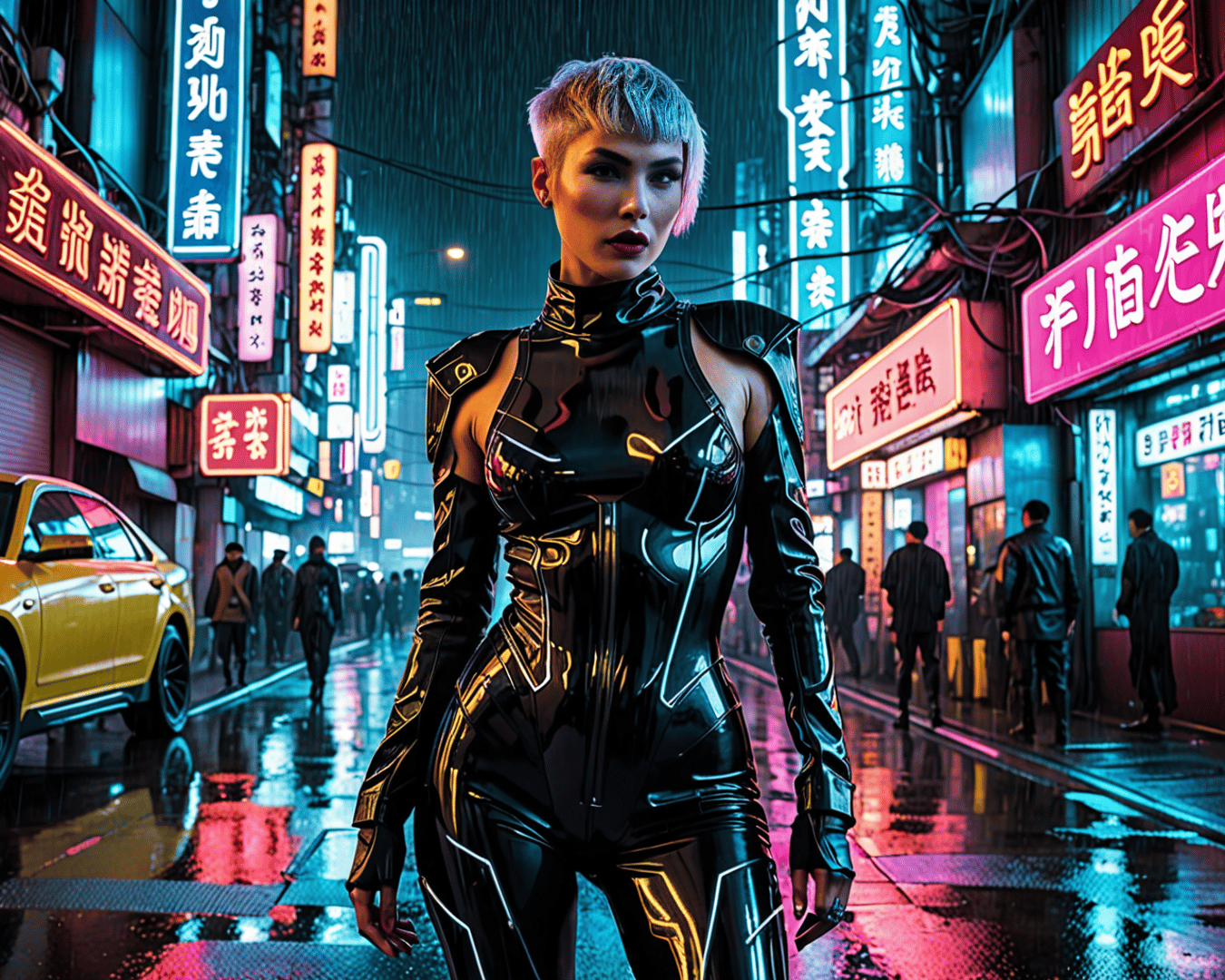 AI generated wallpaper featuring cyberpunk, woman, neon