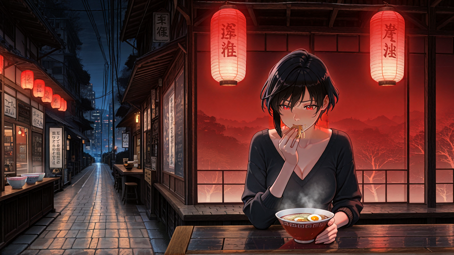 AI generated wallpaper featuring woman, ramen, lanterns, street, building, noodles, bowl, signs, red, chinese