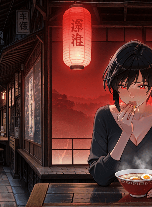 woman, ramen, lanterns, street, building, noodles, bowl, signs, red, chinese
