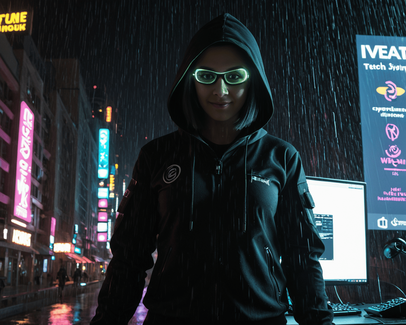 AI generated wallpaper featuring hacker, woman, city