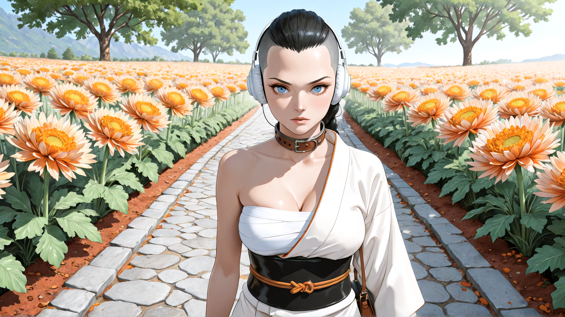 AI generated wallpaper featuring woman, flowers, path, trees, headphones, choker, dress