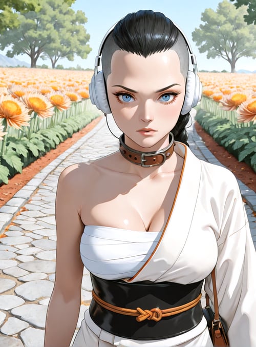 woman, flowers, path, trees, headphones, choker, dress