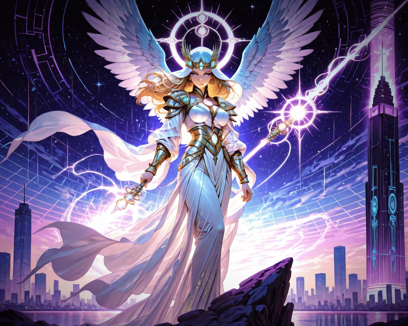 AI generated wallpaper featuring angel, goddess, city