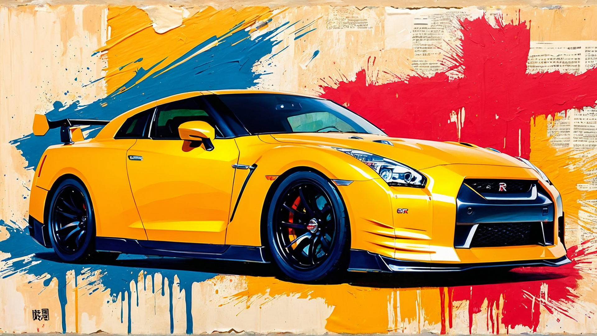 AI generated wallpaper featuring sports car, Nissan GT-R, yellow car, race car, supercar, car, vehicle, Nissan, R35, GT-R