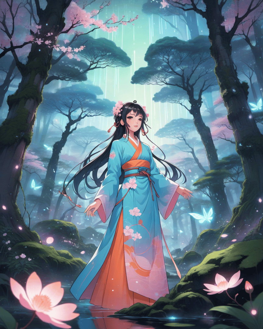 AI generated wallpaper featuring girl, forest, butterfly