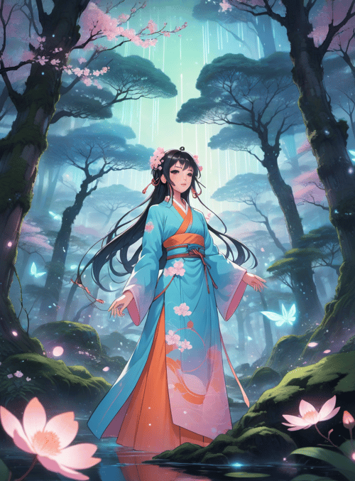 girl, forest, butterfly