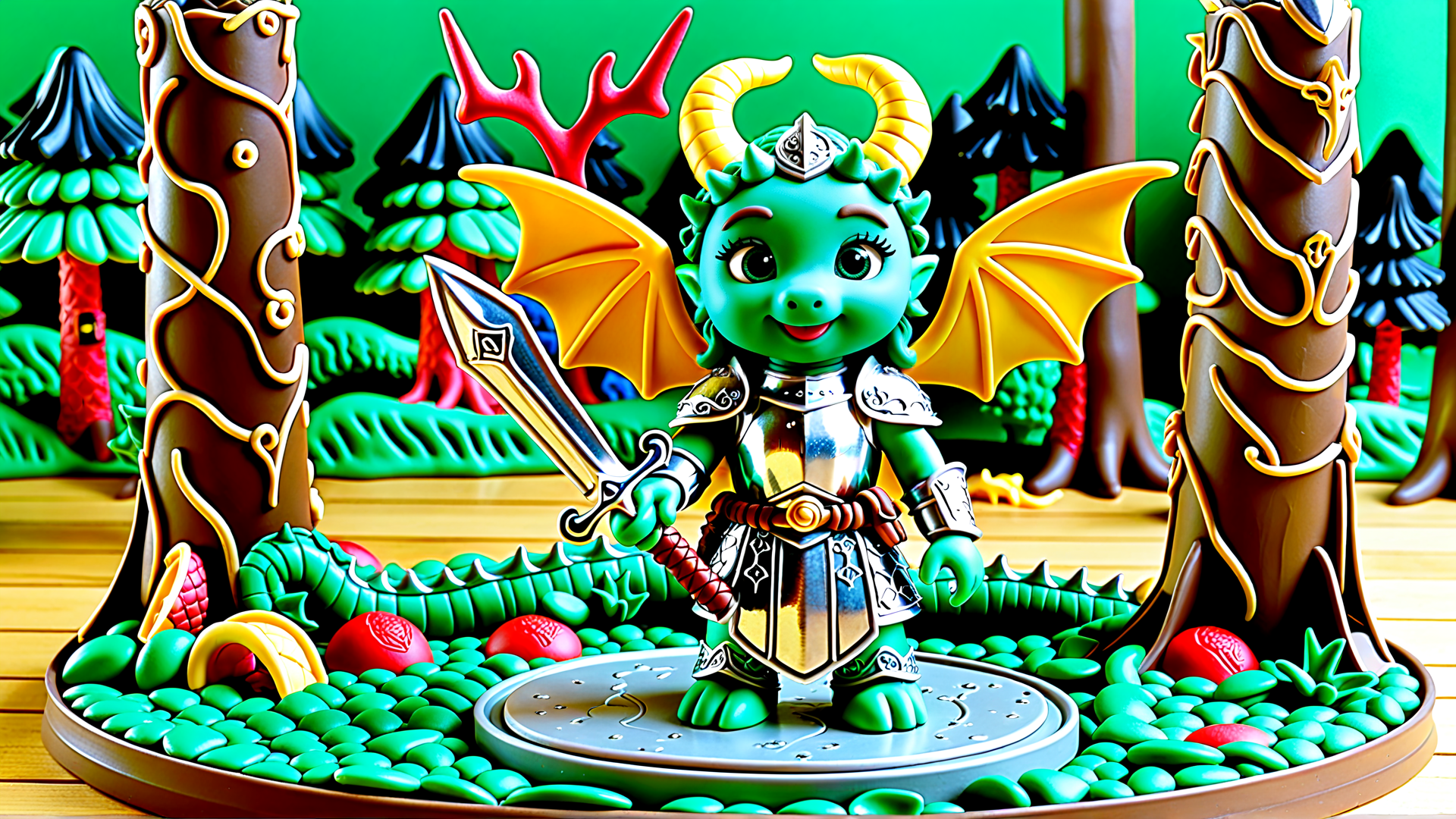 AI generated wallpaper featuring dragon, sword, armor, tree, forest, chocolate