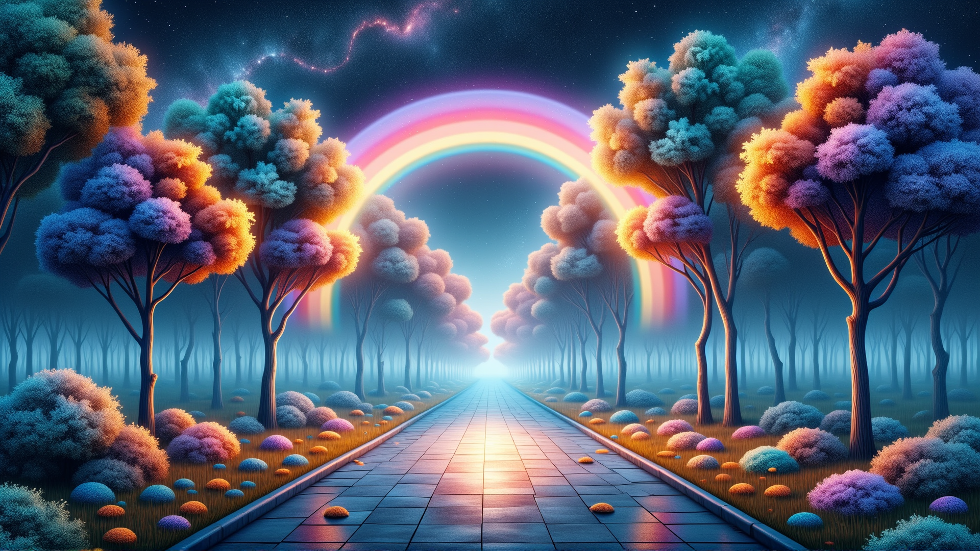 AI generated wallpaper featuring trees, path, rainbow