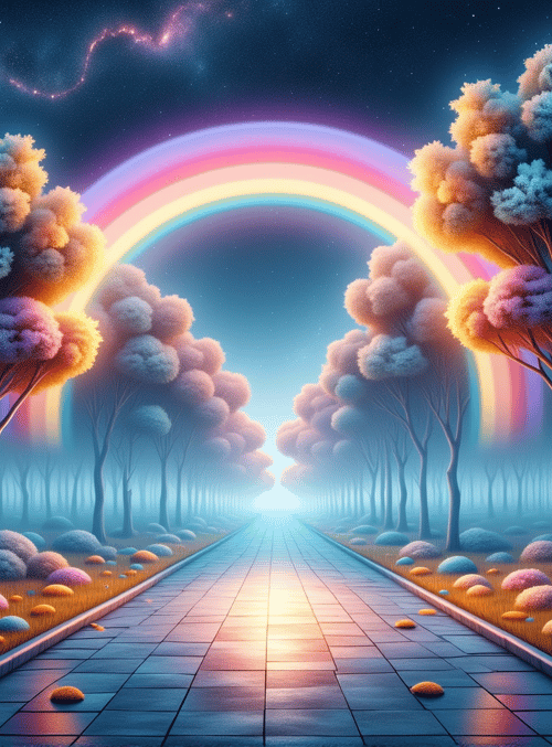 trees, path, rainbow