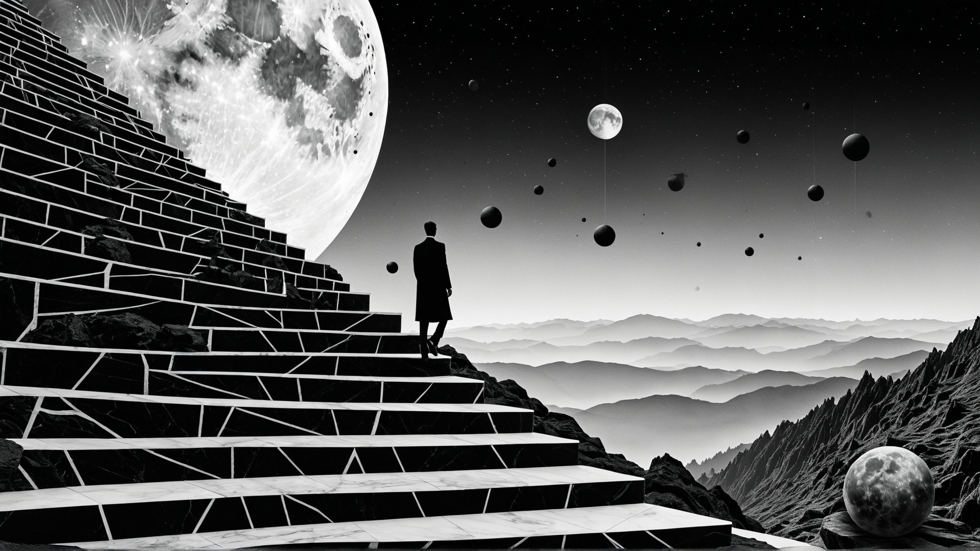 AI generated wallpaper featuring man, steps, moon, planets, mountains