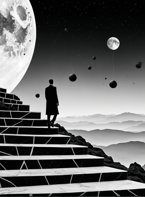 man, steps, moon, planets, mountains
