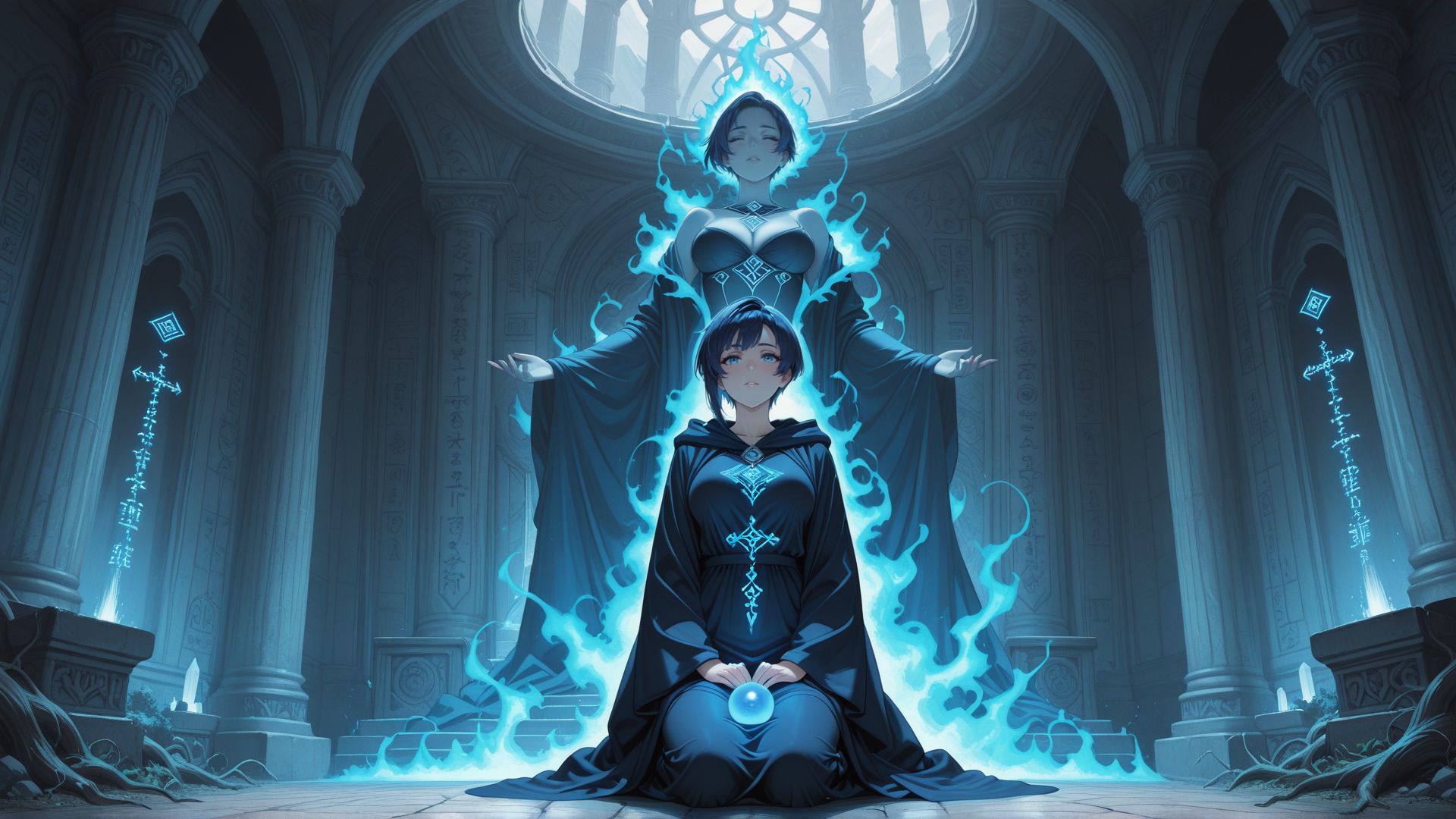 AI generated wallpaper featuring woman, mage, soul, spirit, crown, temple