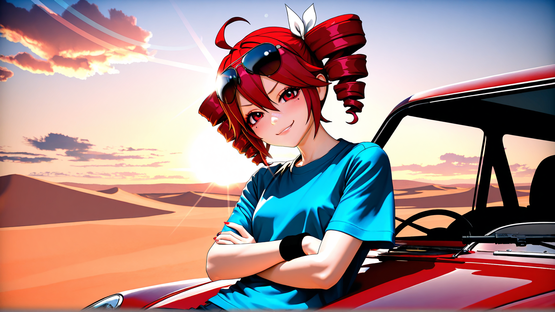 AI generated wallpaper featuring woman, car, desert, sunglasses, hair, sky, sun, clouds, t-shirt