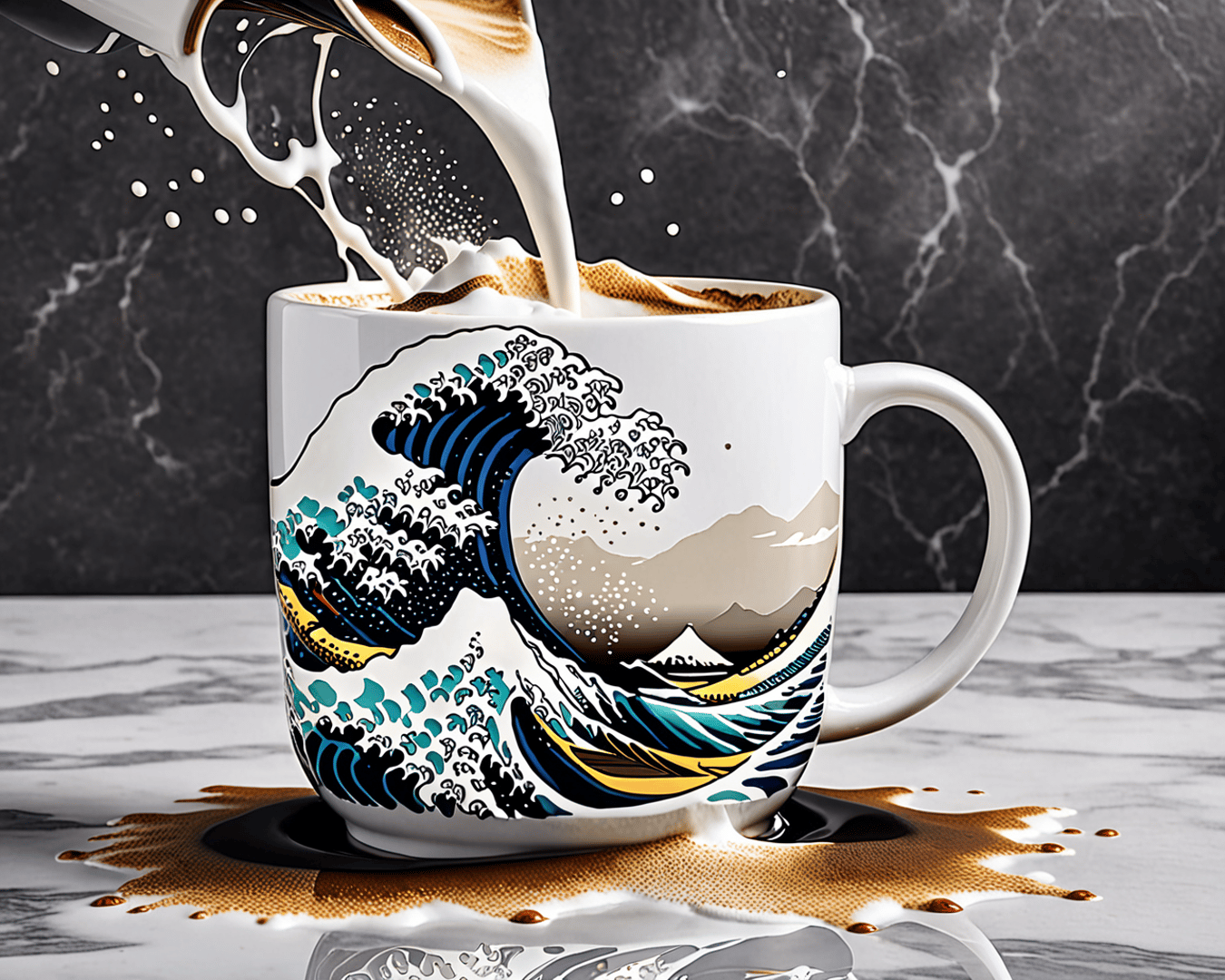 AI generated wallpaper featuring mug, wave, coffee