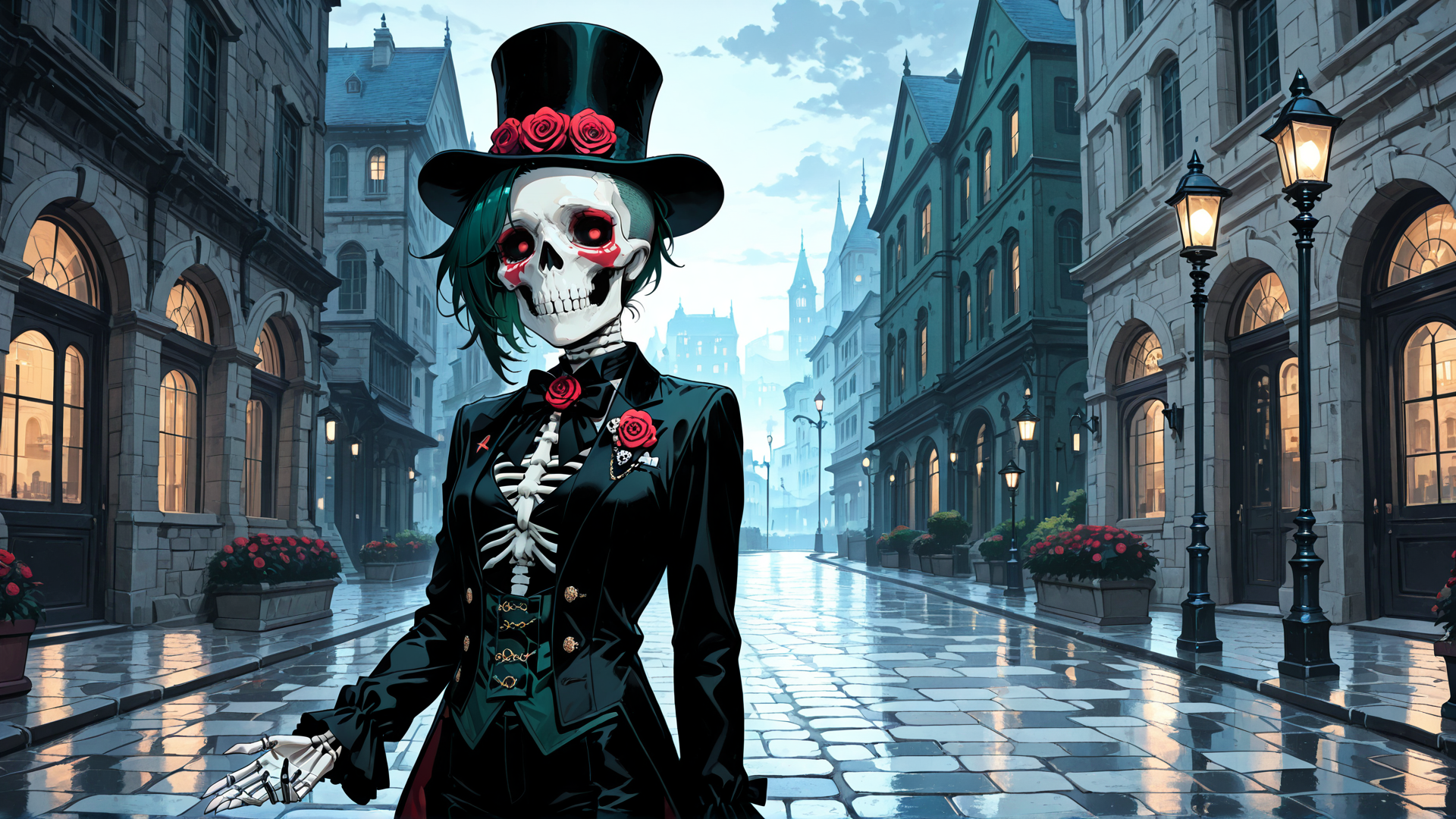 AI generated wallpaper featuring skeleton, top hat, roses, suit, street, lanterns, buildings, flowers