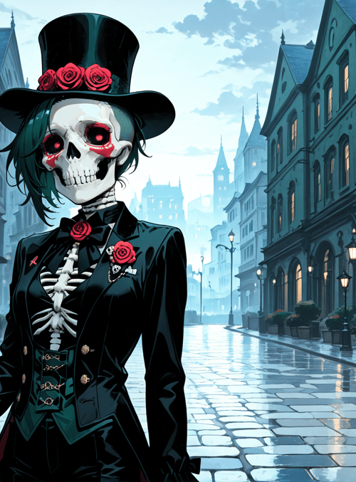 skeleton, top hat, roses, suit, street, lanterns, buildings, flowers