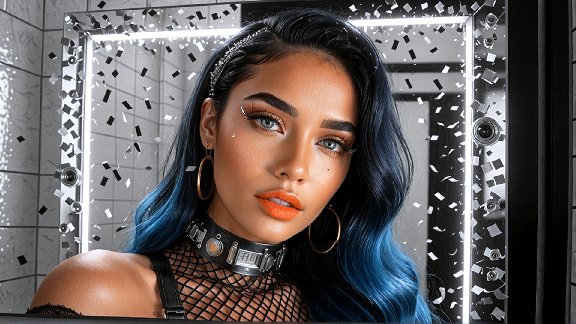 AI generated wallpaper featuring woman, mirror, confetti, choker, earrings, hair, nettop, lighting, freckles, makeup