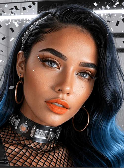 woman, mirror, confetti, choker, earrings, hair, nettop, lighting, freckles, makeup