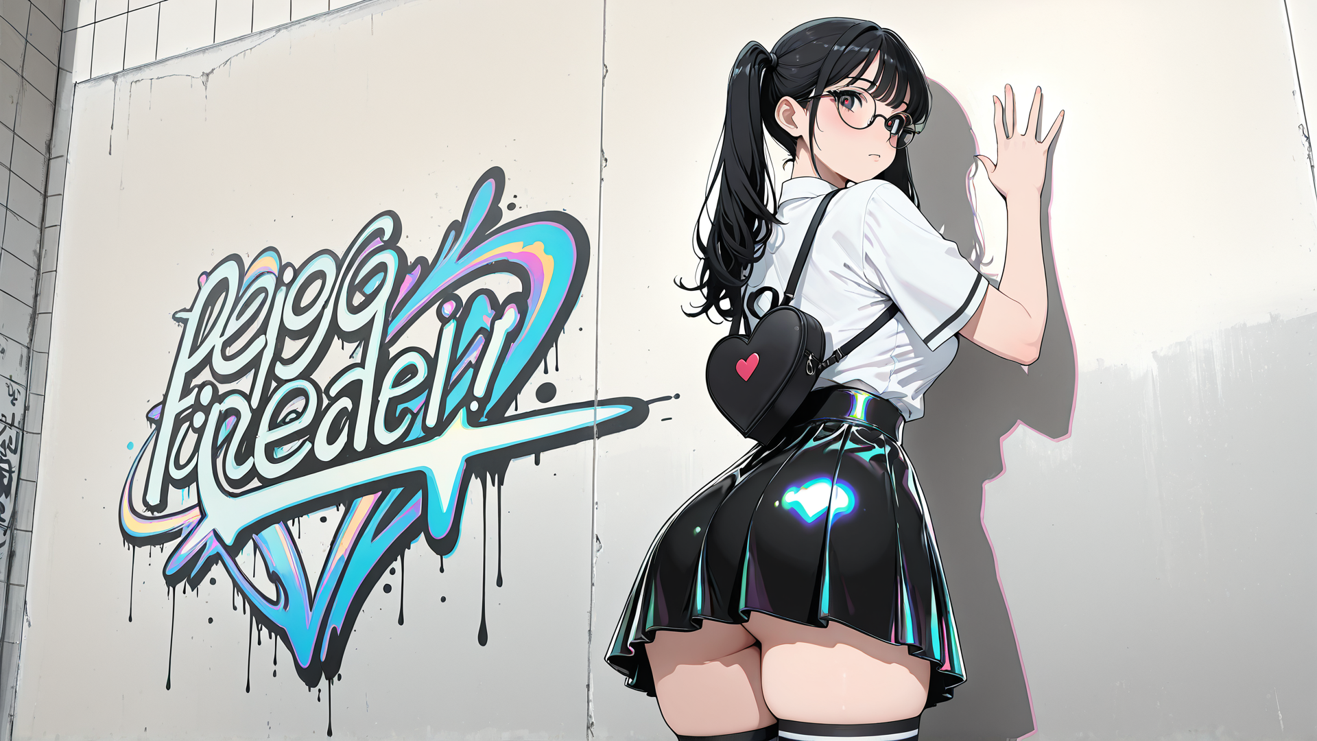 AI generated wallpaper featuring girl, wall, graffiti, skirt, heart, bag