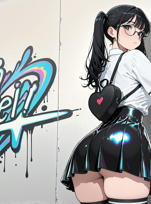 girl, wall, graffiti, skirt, heart, bag